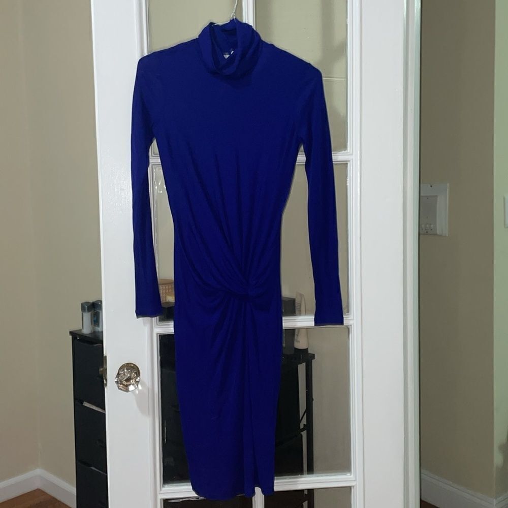 Reiss freya twisted classic turtleneck knot midi elegant saphire dress size 2